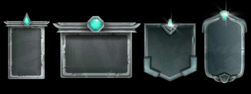 Game stone frame UI vector background set, medieval interface menu panel kit Illustrazione stock