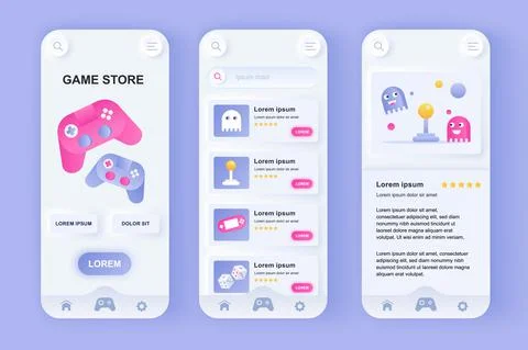Game store unique neomorphic design kit. Online store of computer video games Stock Illustration