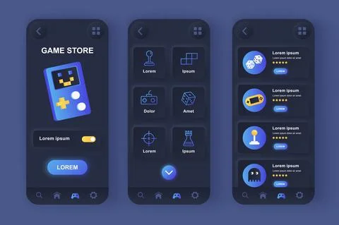 Game store unique neomorphic design kit. Computer video games, game accessori Stock Illustration