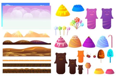 Game sweets pieces, candyland Elements. Vector collection For Video Game Stock Illustration