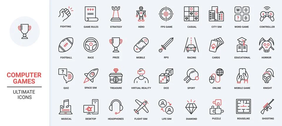 Game technology for computer and mobile phone red black thin line trendy icons Stock-Illustration