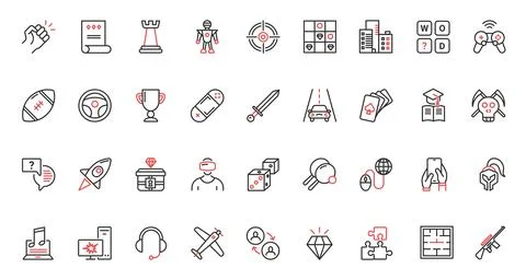 Game technology for computer and mobile phone red black thin line trendy icons Stock Illustration