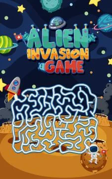 Game template with alien invasion and maze in space background Stock Illustration