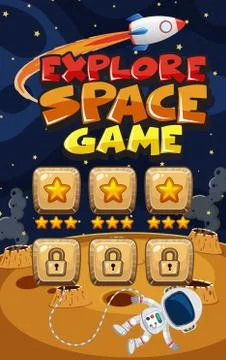 Game template design for explore space with spaceship flying in background Stock Illustration