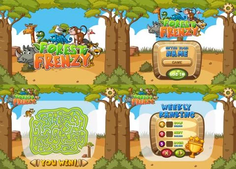 Game template design with four different forest backgrounds Illustrazione stock