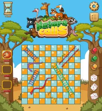 Game template design with trees and animals in background Stock Illustration