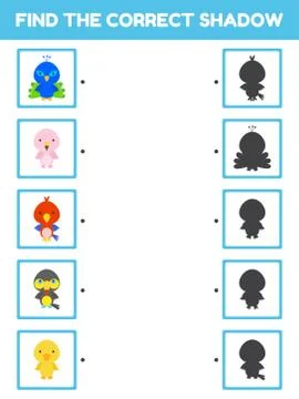 Game template find correct shadow. Matching game for children with cute carto Illustrazione stock