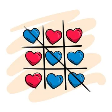 A game of tic-tac-toe with blue and pink hearts. Blue won Stock Illustration