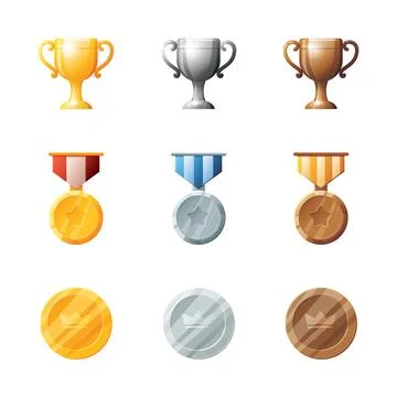 Game UI assets set. Gaming user interface victory trophy icons collection. .. Stock Illustration
