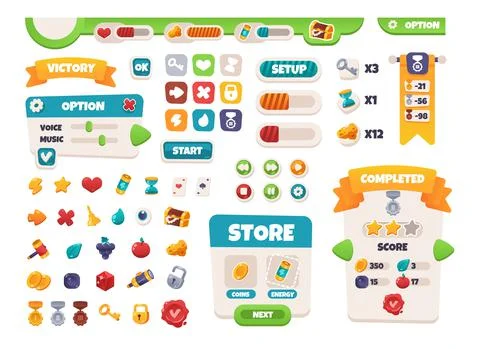Game UI buttons. Mobile application interface elements. Cartoon colorful design Stock Illustration