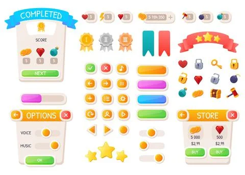 Game UI buttons. Mobile application or game interface elements. Cartoon colorful Stock Illustration