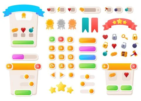 Game UI buttons. Mobile application or game interface elements. Cartoon colorful Stock Illustration
