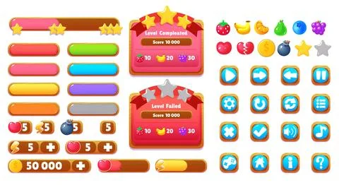 Game UI buttons. Mobile application or game interface elements. Cartoon colorful Illustrazione stock