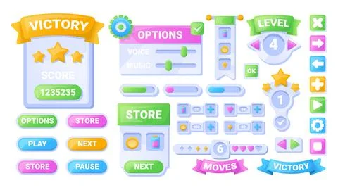 Game UI buttons. Mobile application or game interface elements. Cartoon colorful Stock Illustration