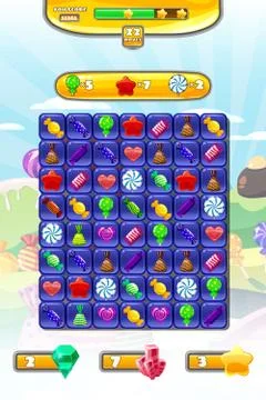 Game UI Candy Match 3 set game icons, buttons, and elements interface game Stock Illustration