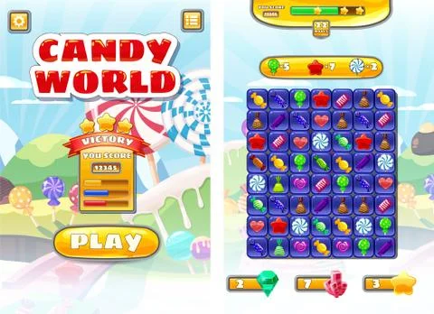 Game UI Candy World Match 3 set game icons, buttons, and elements interface game Stockillustratie