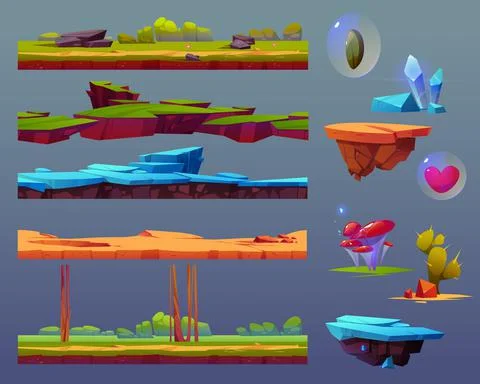 Game ui elements of ground, floating island, items Stock Illustration