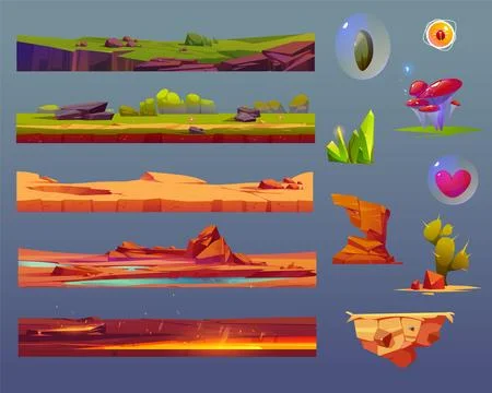 Game ui elements set with floating ground platform 스톡 일러스트