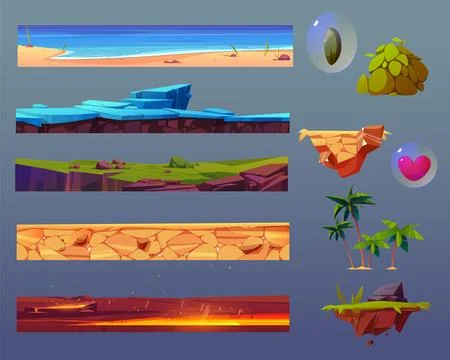 Game ui elements set with floating ground platform Stock Illustration