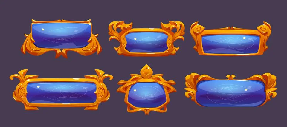 Game ui frames, gold medieval menu elements set Stock Illustration
