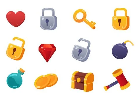 Game UI icons. Mobile application or game interface elements. Cartoon colorful Stock Illustration