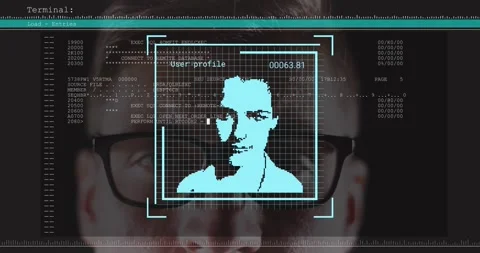 Game UI initiating face scan after player tap, revealing code, cyan pixel grid, Stock Footage 329812378