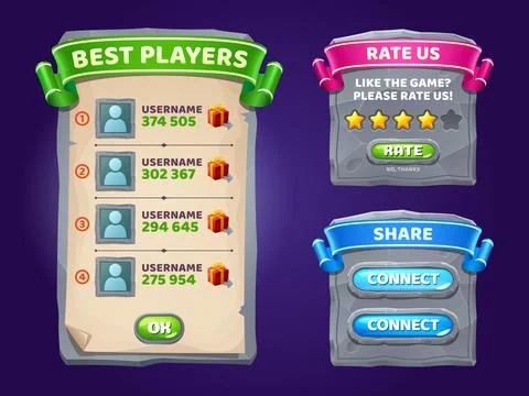Game ui interface boards with best players list Illustrazione stock