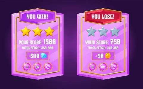 Game ui interface crystal boards with win and lose Stock Illustration