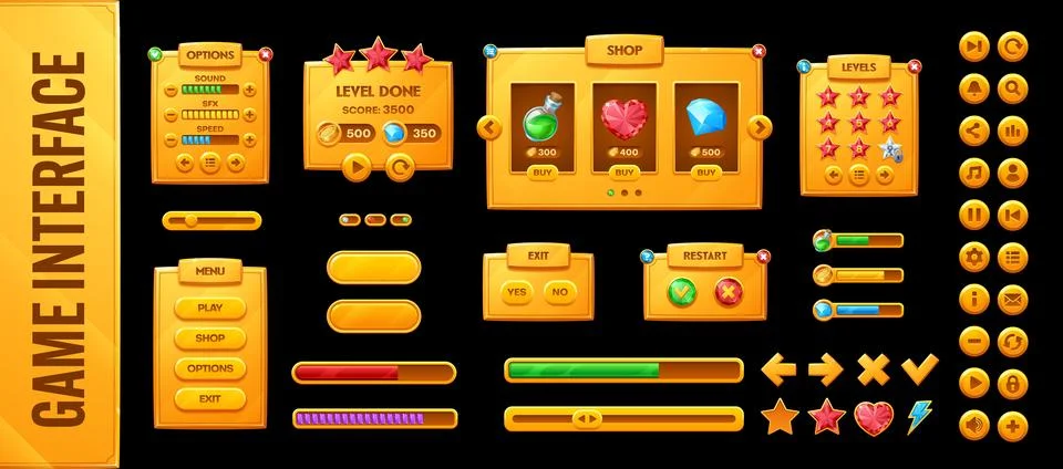 Game UI interface with golden buttons, indicators Stock Illustration
