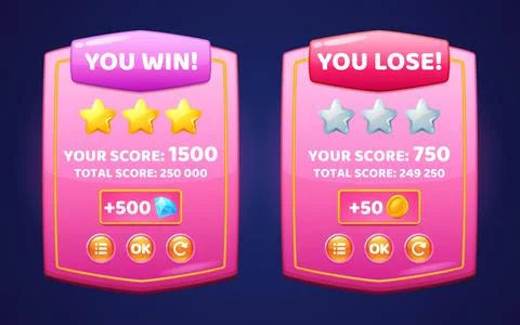 Game ui interface pink boards with win and lose Stock Illustration