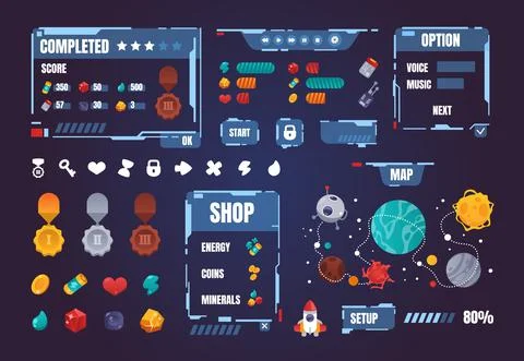 Game UI kit. Cartoon interface menu elements. Buttons and progress bars set Stock Illustration