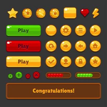 Game UI Kit Icons Set on Dark Background. Vector Stock Illustration