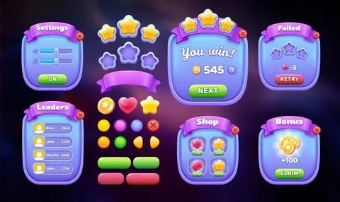 Game UI Kit with Popup Windows Buttons Icons and Menus for Mobile App Including Stock Illustration
