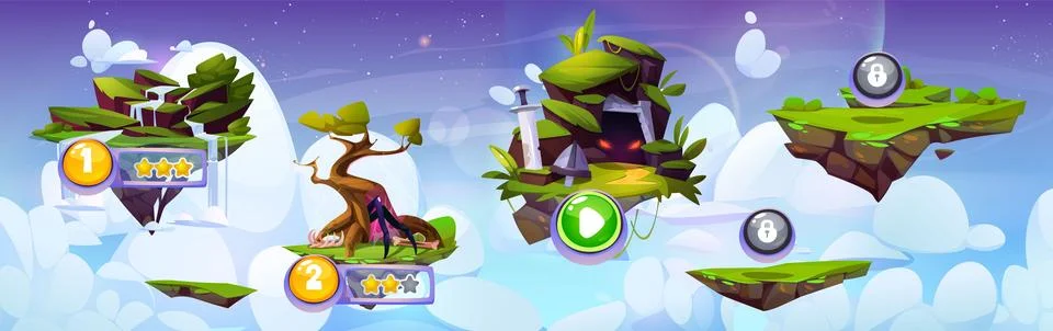 Game ui level map with floating islands Stock Illustration