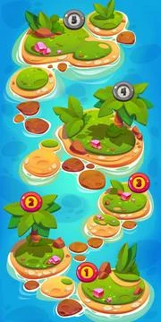 Game ui level map islands in ocean with crystals Stock Illustration