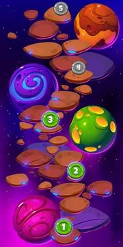 Game ui level map with space planets, rocks, path Stock Illustration