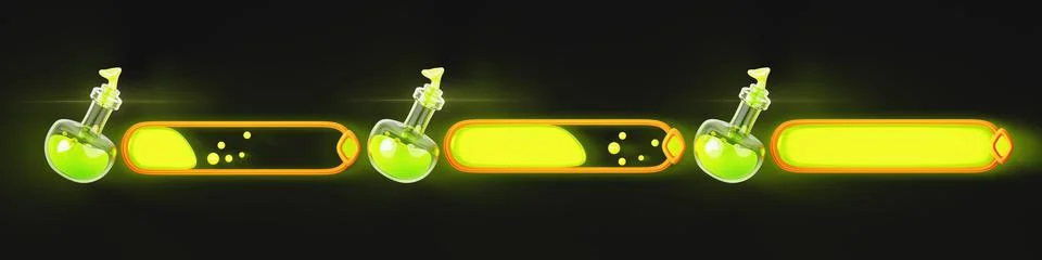 Game ui loading progress bars 3d render set. Magic cartoon interface design Stock Illustration