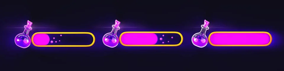 Game ui loading progress bars 3d render set. Magic cartoon interface design Stock Illustration