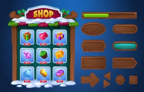 Game ui menu boards, buttons and shop design. Stock Illustration