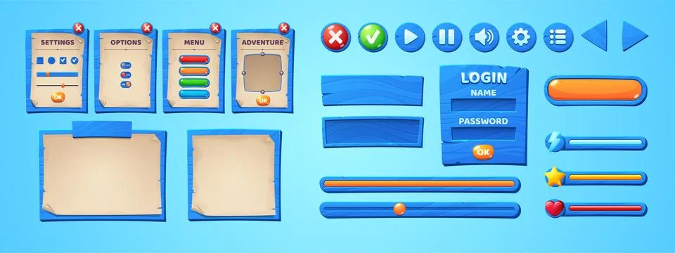 Game ui menu interface, scrolls and parchments 스톡 일러스트