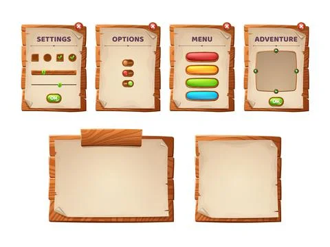 Game ui scrolls, wood boards and antique parchment Illustrazione stock