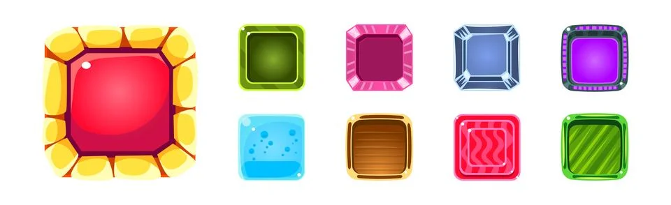 Game UI Square Buttons with Texture Vector Set Stock Illustration