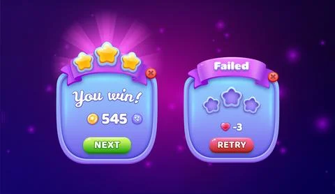 Game UI Win and Failed Popup Windows Set with Star Rating, Coins, Next and .. Stock Illustration