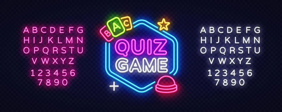 Game vector label with cards and buzzer. Neon word QUIZ GAME in hexagon shape Stock Illustration