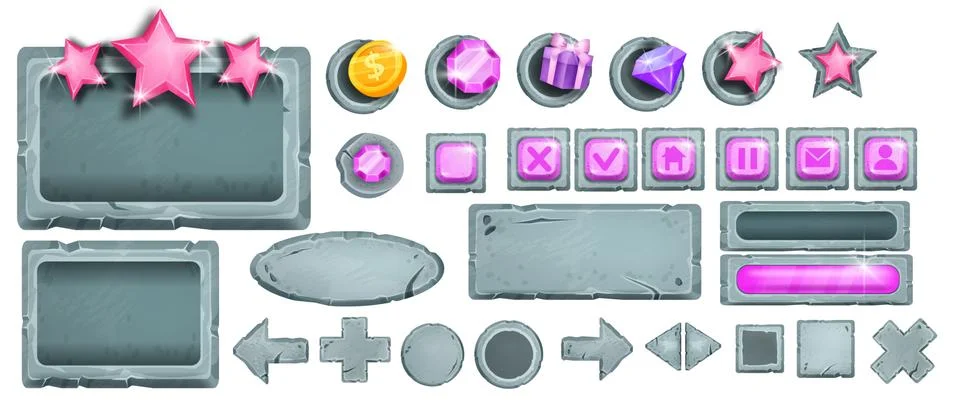 Game vector UI stone button set, interface rock icons, vector gray boulder Illustrazione stock