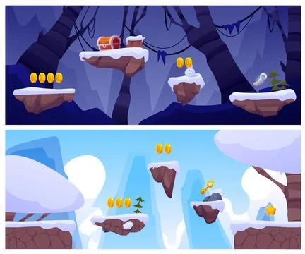 Game winter world with level platforms, floating snowdrifts land islands vector Illustrazione stock
