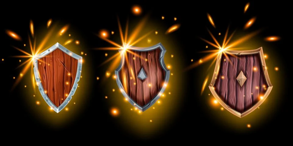 Game wooden shield vector set, medieval knight armor Illustrazione stock