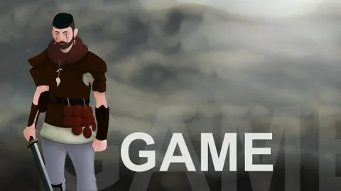 Game word text with Warrior armed with sword viking and leather armor on a gr Иллюстрация