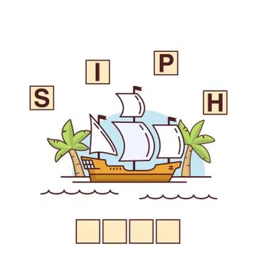 Game words puzzle ship.Education developing child.Sailing galleon. Stock Illustration