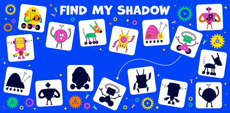 Game worksheet, find correct shadow of robots Stock Illustration